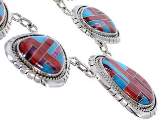 Sterling Silver Turquoise Multicolor Inlay Link Necklace Set HS28531