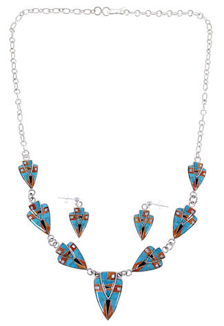 Multicolor Inlay Sterling Silver Link Necklace Earrings Set NS41224