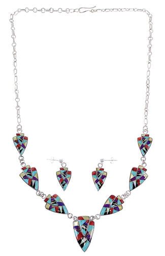 Sterling Silver Multicolor Link Necklace Earrings Jewelry Set RS34215