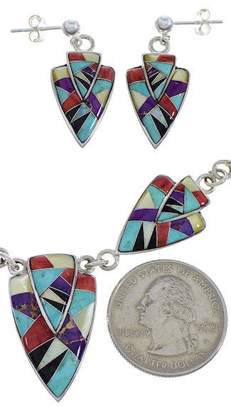 Sterling Silver Multicolor Link Necklace Earrings Jewelry Set RS34215