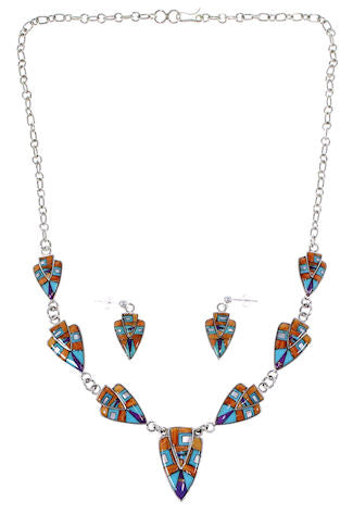 Mother Of Pearl Multicolor Sterling Silver Link Necklace Set NS41223