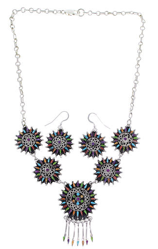 Southwest Multicolor Needlepoint Sterling Silver Link Necklace Set WX78044