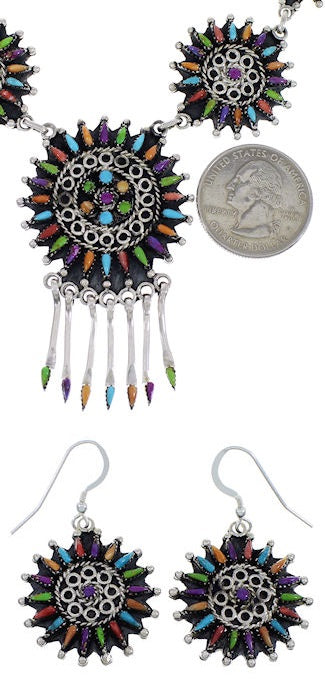Southwest Multicolor Needlepoint Sterling Silver Link Necklace Set WX78044