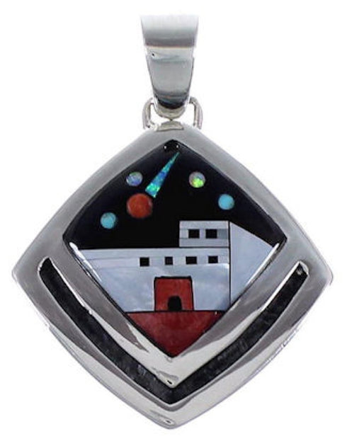 Multicolor Silver Native American Village Design Pendant HS41059