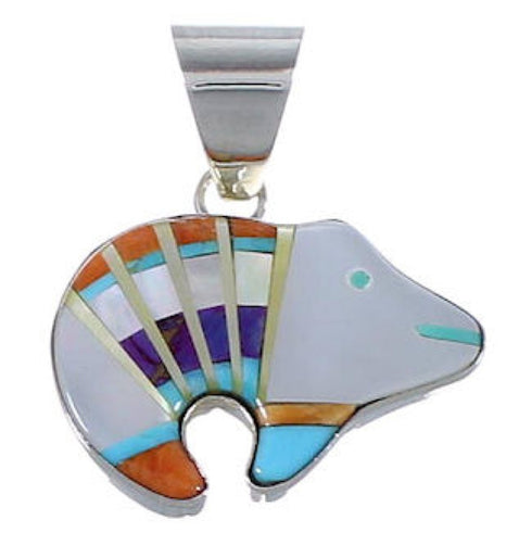 Multicolor Inlay And Genuine Sterling Silver Bear Pendant RS41000
