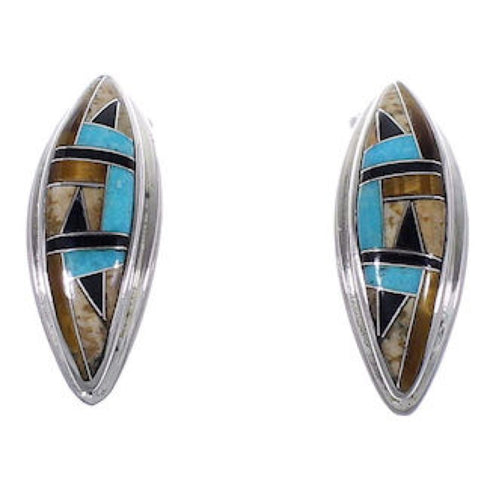 Turquoise Tiger Eye and Multicolor Inlay Silver Post Earrings RS32350