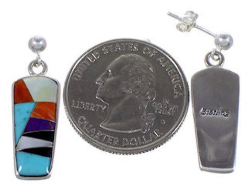 Silver Turquoise Multicolor Inlay Post Dangle Earrings RS42674
