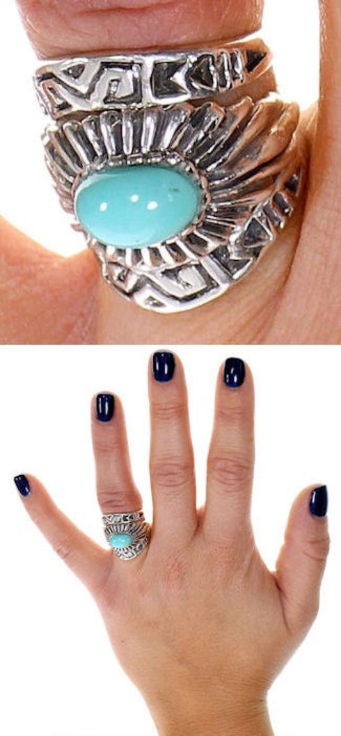 Stackable Turquoise Southwest Genuine Sterling Silver Ring Set Size 7-1/4 QX83939