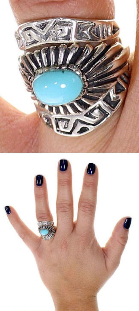 Stackable Turquoise And Sterling Silver Ring Set Size 6-3/4 UX33459