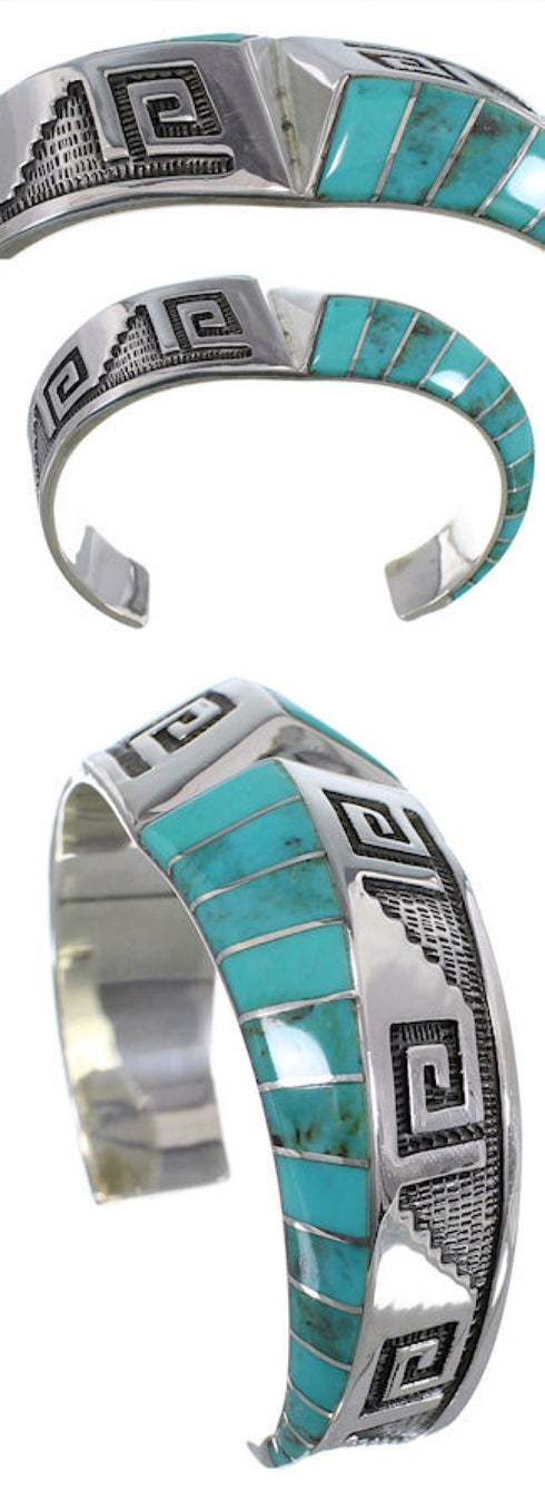 Silver Southwestern Turquoise Inlay Jewelry Cuff Bracelet PX27803
