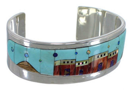 Multicolor Native American Village Design Silver Cuff Bracelet EX27879