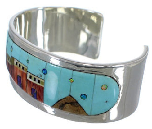 Multicolor Native American Village Design Silver Cuff Bracelet EX27879