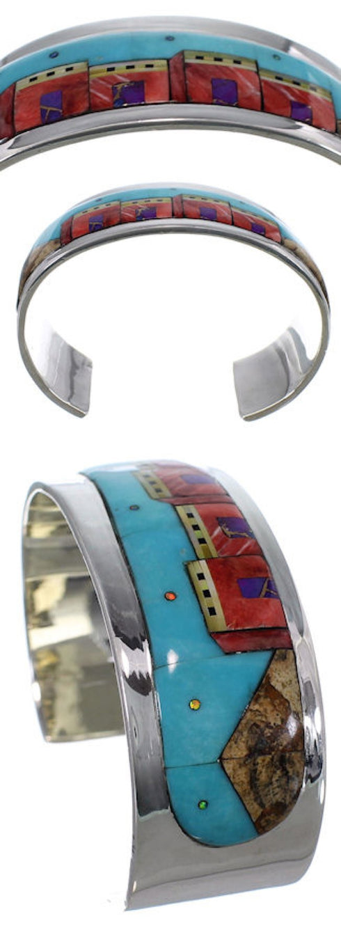Native American Village Design Multicolor Silver Cuff Bracelet EX27884