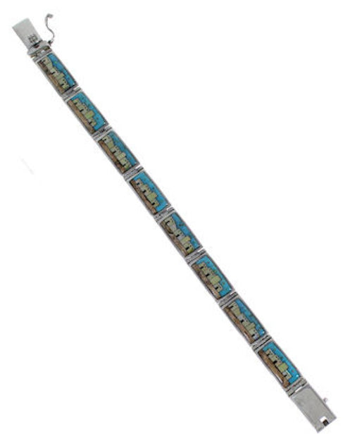 Silver Multicolor Native American Village Design Link Bracelet GS62409