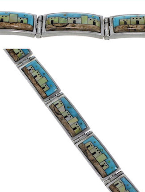 Silver Multicolor Native American Village Design Link Bracelet GS62409