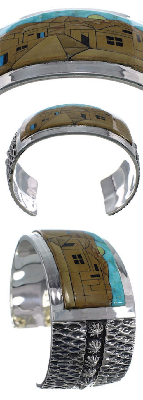 Silver Native American Village Design Multicolor Cuff Bracelet MX28014