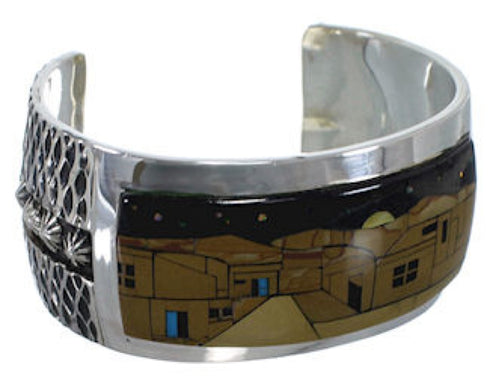 Multicolor Native American Village Design Silver Cuff Bracelet MX28015