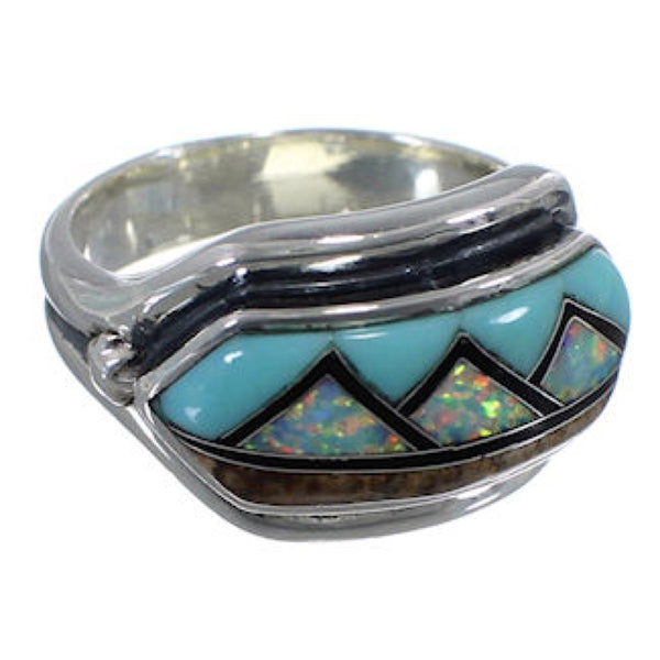 Genuine Sterling Silver And Multicolor Inlay Ring Size 6-1/2 BW72394