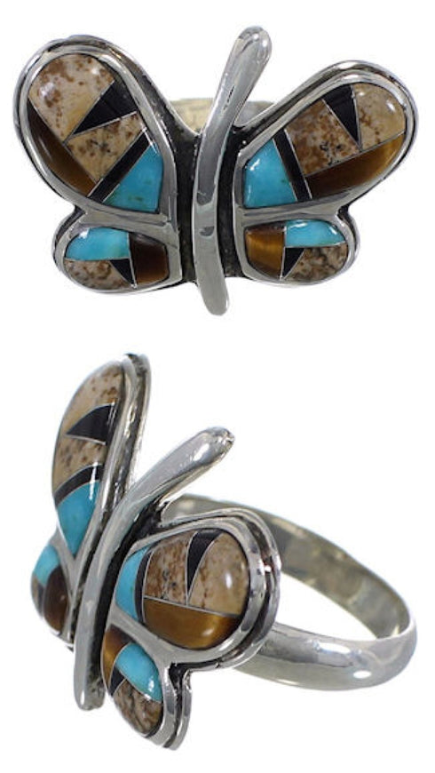 Sterling Silver Butterfly Multicolor Tiger Eye Ring Size 6-3/4 AW72598
