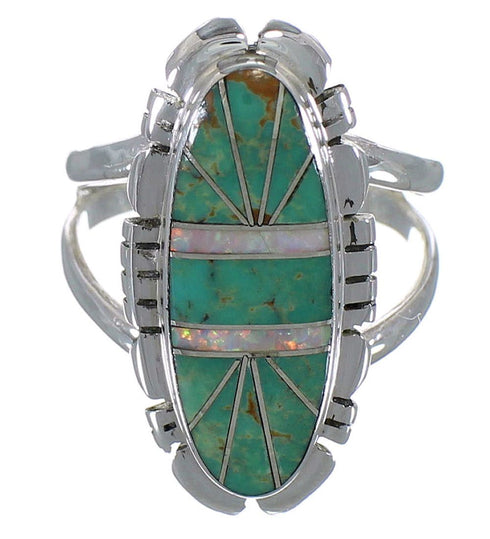 Turquoise And Opal Southwestern Silver Ring Size 6-1/4 AX52636