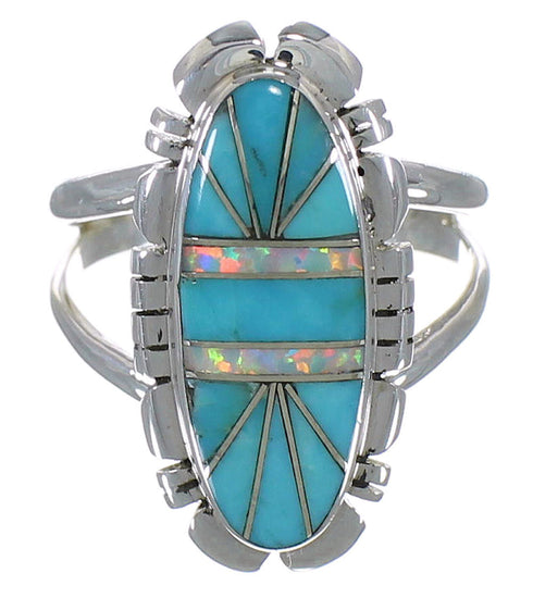 Silver Opal Turquoise Inlay Southwestern Ring Size 7-3/4 AX52758