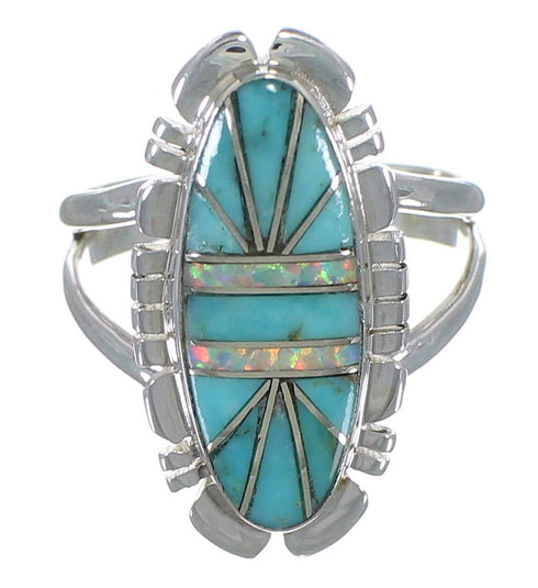 Turquoise And Opal Silver Southwestern Ring Size 7-1/2 AX52830