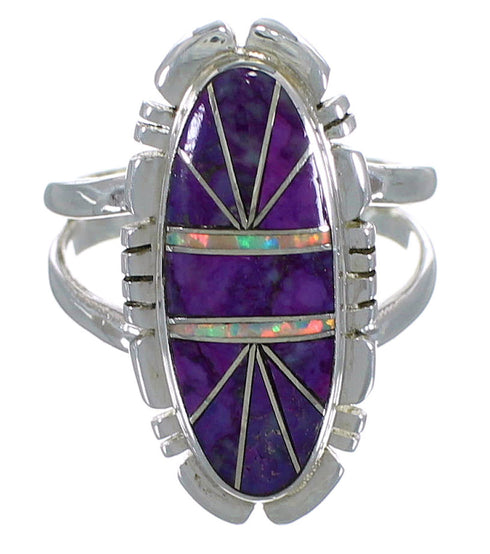 Silver Magenta Turquoise And Opal Inlay Ring Size 8-1/4 AX52912