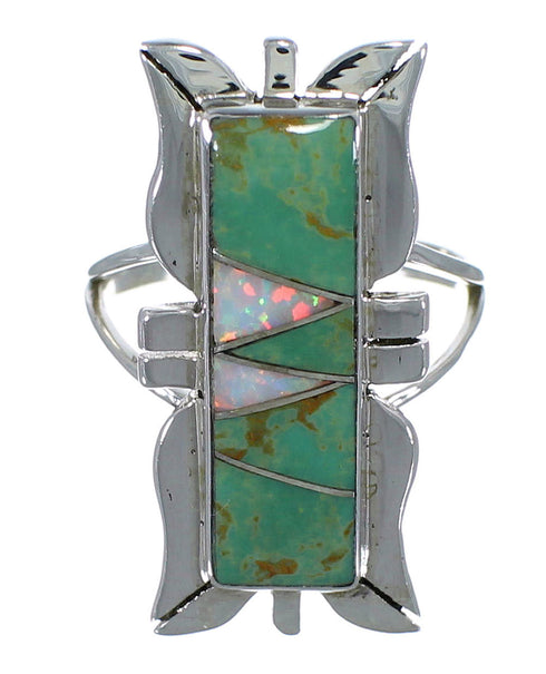 Southwest Turquoise And Opal Inlay Silver Ring Size 5-3/4 AX53642