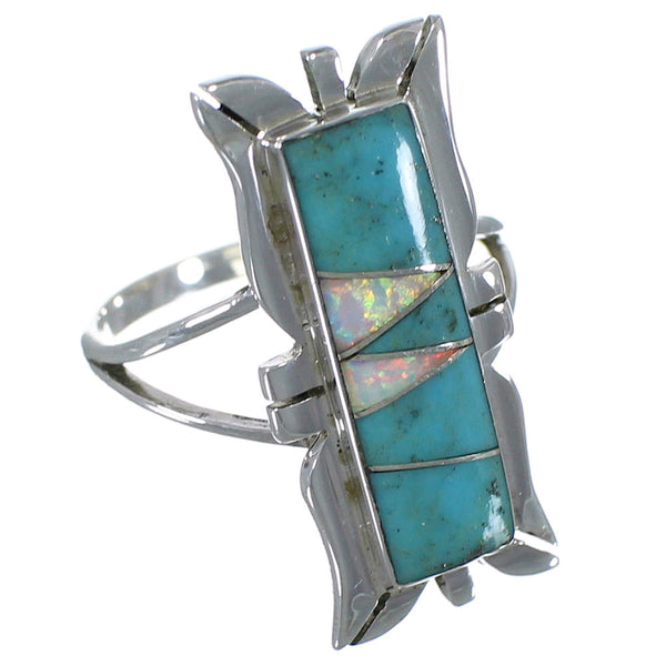 Southwestern Turquoise And Opal Silver Ring Size 7-3/4 AX53681
