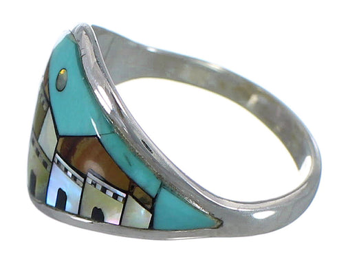 Silver Multicolor Native American Pueblo Design Ring Size 7-1/4 AX52535
