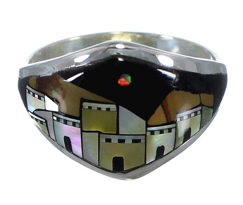 Silver Native American Pueblo Design Multicolor Ring Size 8-1/4 AX52558