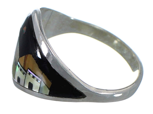 Silver Native American Village Design Multicolor Inlay Ring Size 7-1/4 AX52559
