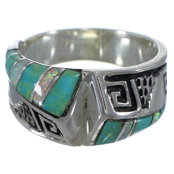 Turquoise And Opal Inlay Silver Water Wave Ring Size 6-1/2 EX56586