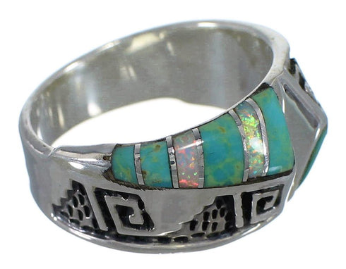Turquoise And Opal Inlay Silver Water Wave Ring Size 6-1/2 EX56586