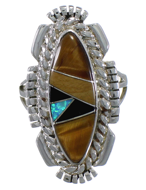Southwest Multicolor Inlay Silver Ring Size 8-1/4 TX45810
