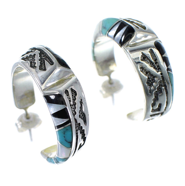 Multicolor Inlay Southwestern Silver Hoop Earrings AX23872