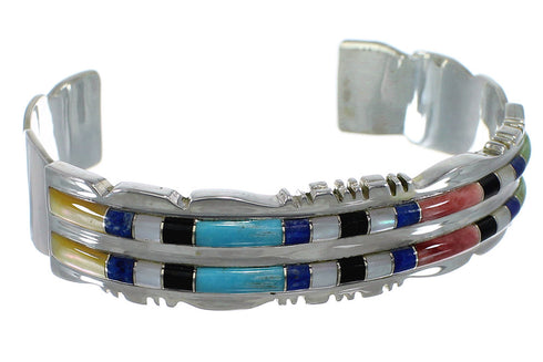 Multicolor Inlay Genuine Sterling Silver Sturdy Cuff Bracelet CX47669