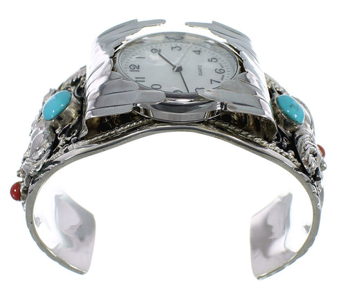 Turquoise And Coral Horse Sterling Silver Southwest Cuff Watch CX48668
