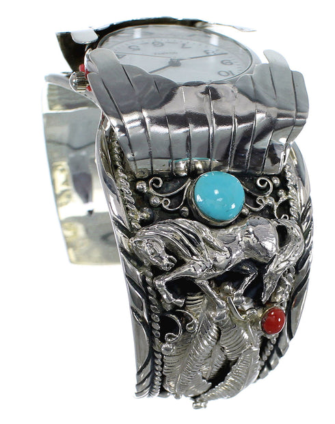 Turquoise And Coral Horse Sterling Silver Southwest Cuff Watch CX48668