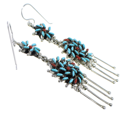 Sterling Silver Turquoise And Coral Needlepoint Hook Dangle Earrings AX51086