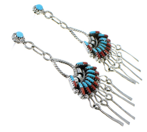 Sterling Silver Turquoise Coral Needlepoint Post Dangle Earrings AX50716