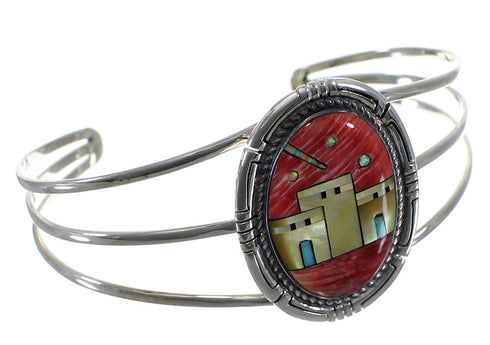Multicolor Native American Village Design Silver Cuff Bracelet CX50158
