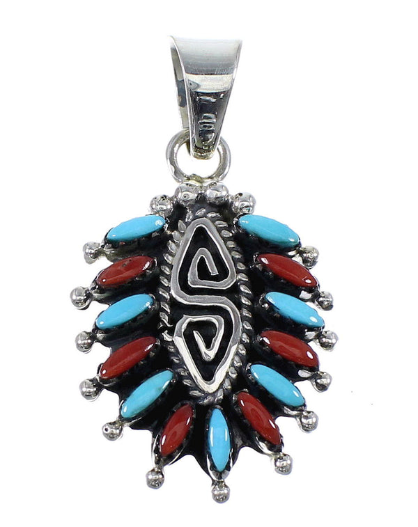 Sterling Silver Turquoise And Coral Water Wave Needlepoint Pendant AX51914