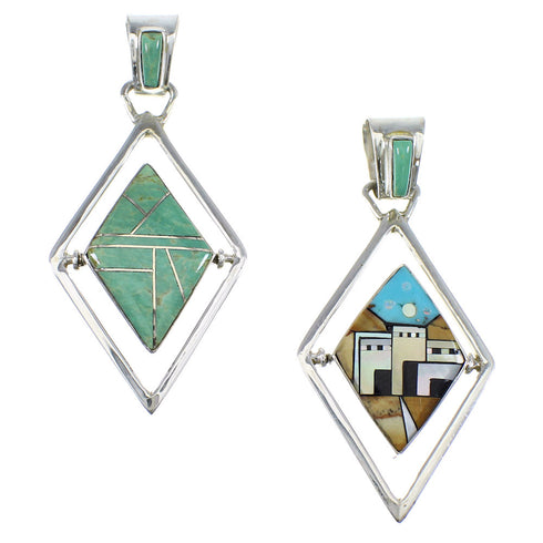 Silver Multicolor Native American Village Design Reversible Pendant AX53127