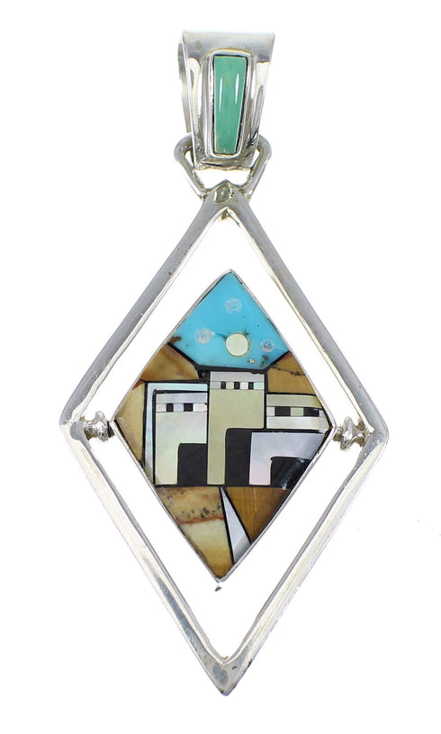 Silver Multicolor Native American Village Design Reversible Pendant AX53127