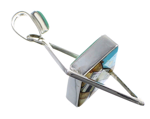 Silver Multicolor Native American Village Design Reversible Pendant AX53127