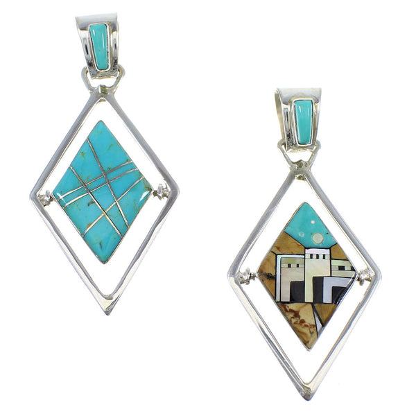Silver Multicolor Inlay Native American Pueblo Design Reversible Pendant AX53129