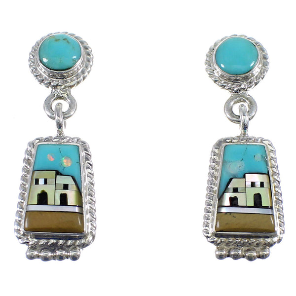Multicolor Inlay Sterling Silver Native American Village Design Earrings YX53588