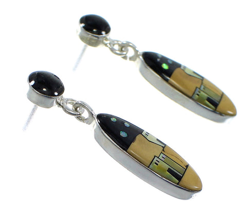 Sterling Silver Multicolor Native American Pueble Design Post Dangle Earrings YX53286
