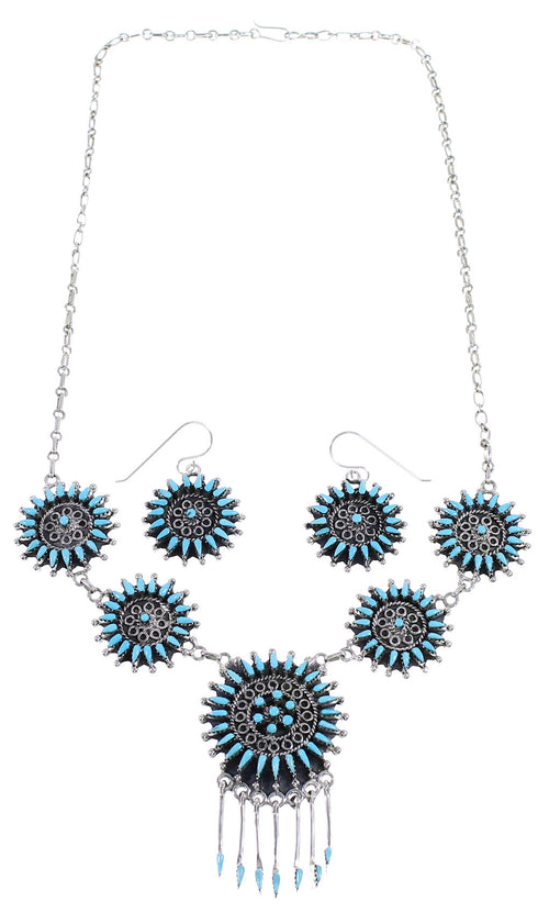 Turquoise Needlepoint Southwestern Silver Necklace And Earring Set EX54063